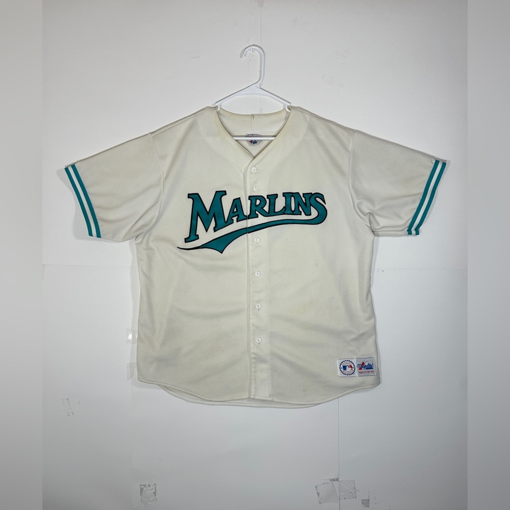 VTG MLB Majestic Florida Marlins Baseball Jersey Blank XL Worn 1990s USA Stained